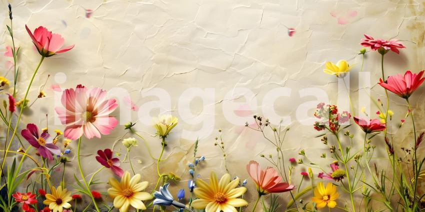 Colorful flowers on the old paper background with space for text - Ai Generated