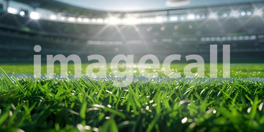 Close-up of green grass with bokeh lights on football stadium - Ai Generated