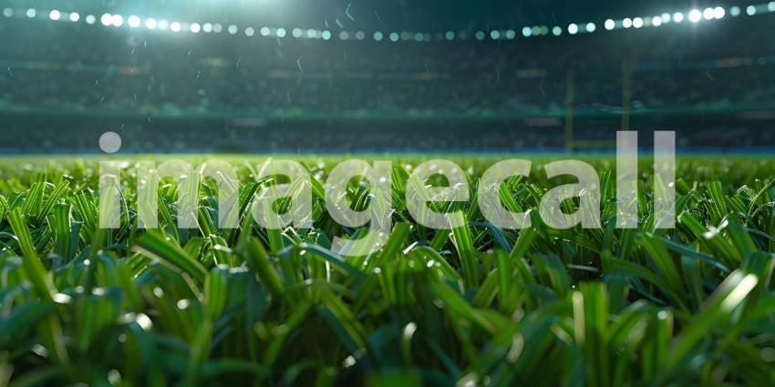 Close-up of green grass with bokeh lights on football stadium - Ai Generated