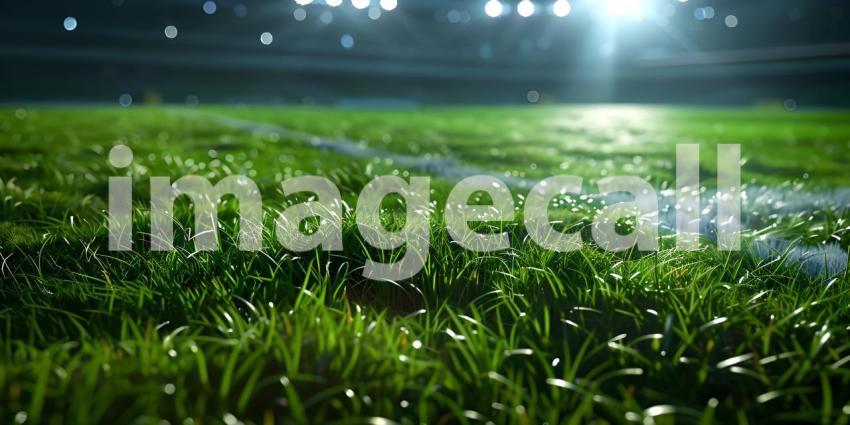 Close-up of green grass with bokeh lights on football stadium - Ai Generated