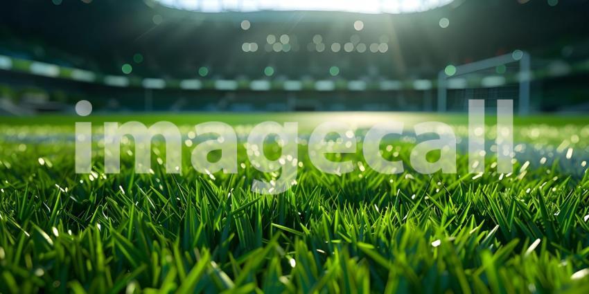 Close-up of green grass with bokeh lights on football stadium - Ai Generated