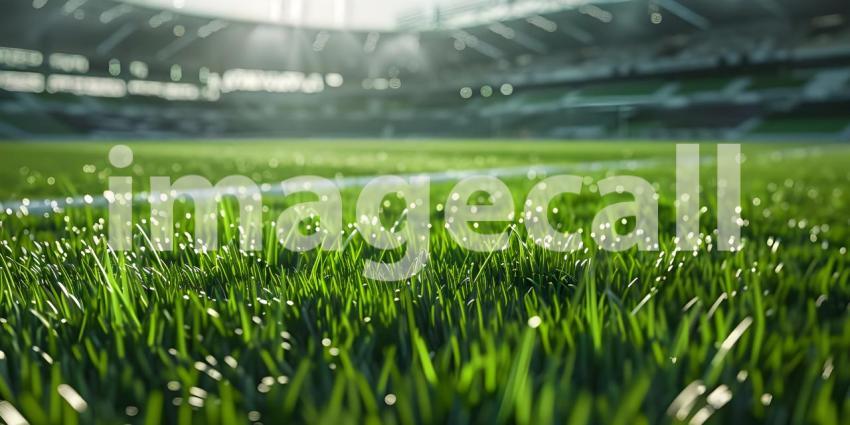 Close-up of green grass with bokeh lights on football stadium - Ai Generated