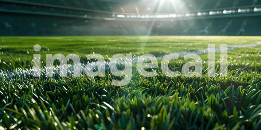 Close-up of green grass with bokeh lights on football stadium - Ai Generated