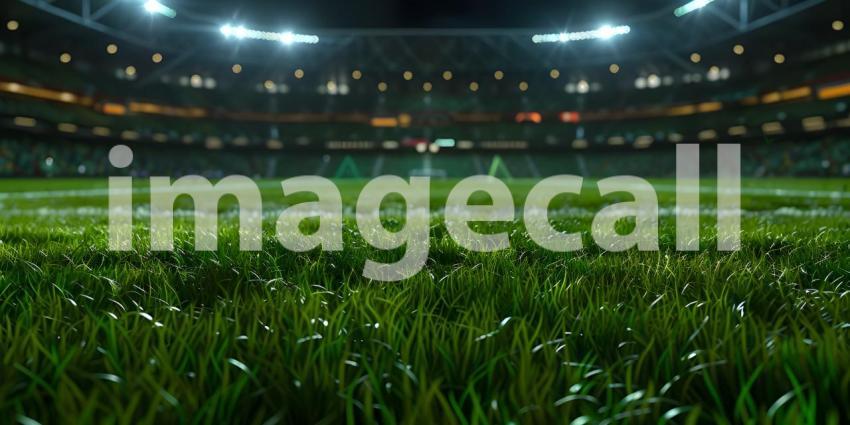 Close-up of green grass with bokeh lights on football stadium - Ai Generated