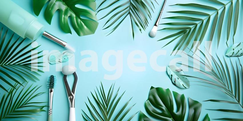 Flat lay composition with cosmetic products and tropical leaves on color background - Ai Generated