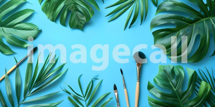 Flat lay composition with cosmetic products and tropical leaves on color background - Ai Generated