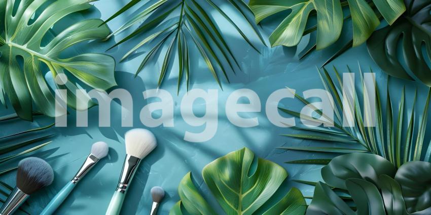 Flat lay composition with cosmetic products and tropical leaves on color background - Ai Generated