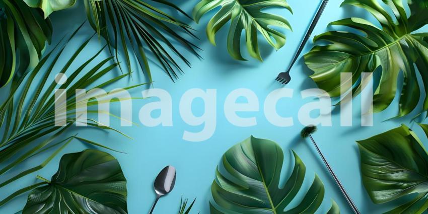 Flat lay composition with cosmetic products and tropical leaves on color background - Ai Generated
