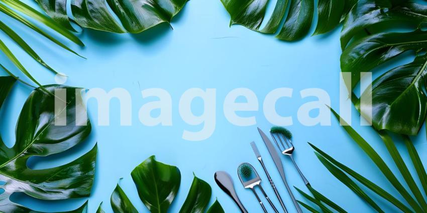 Flat lay composition with cosmetic products and tropical leaves on color background - Ai Generated