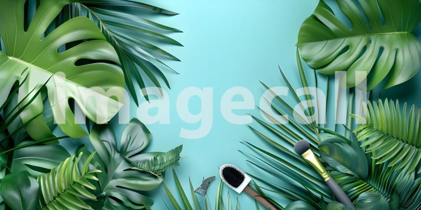 Flat lay composition with cosmetic products and tropical leaves on color background - Ai Generated