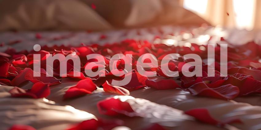 Red rose petals on bed in bedroom, Valentine's day concept - Ai Generated