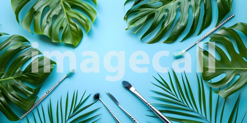 Flat lay composition with cosmetic products and tropical leaves on color background - Ai Generated