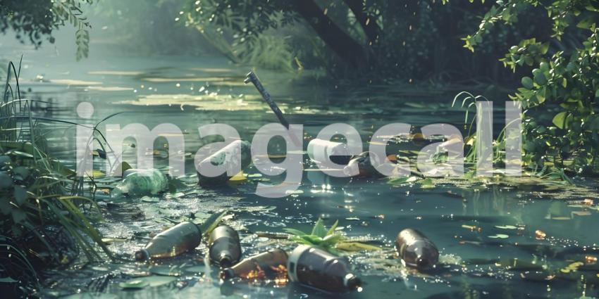 Environmental pollution concept Background, Pollution of the environment, Garbage in the river - Ai Generated
