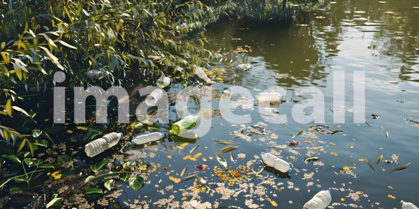 Environmental pollution concept Background, Pollution of the environment, Garbage in the river - Ai Generated