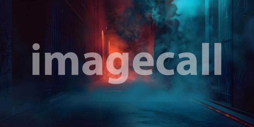 Dark street, wet asphalt, reflections of rays in the water. Abstract dark background, smoke, smog - Ai Generated