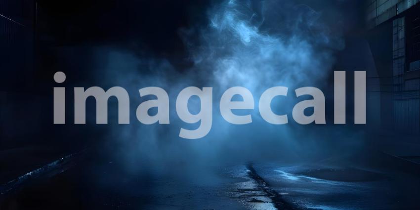 Dark street, wet asphalt, reflections of rays in the water. Abstract dark background, smoke, smog - Ai Generated