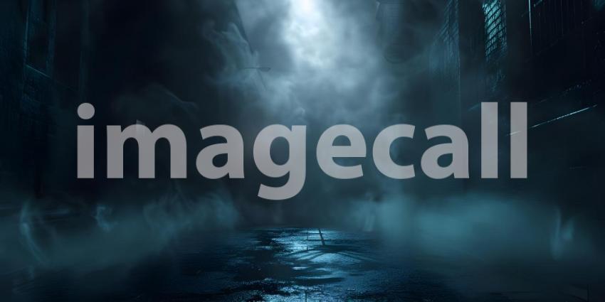 Dark street, wet asphalt, reflections of rays in the water. Abstract dark background, smoke, smog - Ai Generated