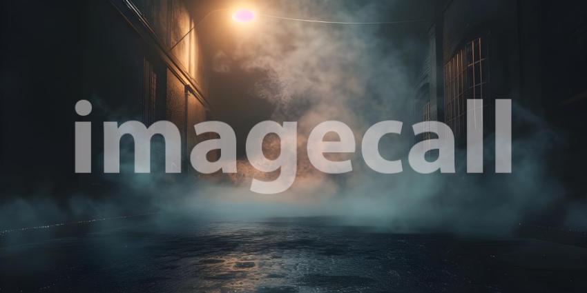 Dark street, wet asphalt, reflections of rays in the water. Abstract dark background, smoke, smog - Ai Generated