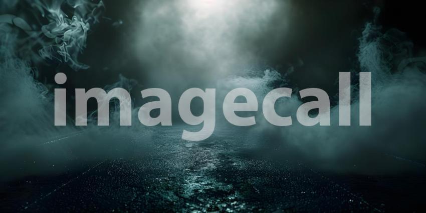 Dark street, wet asphalt, reflections of rays in the water. Abstract dark background, smoke, smog - Ai Generated