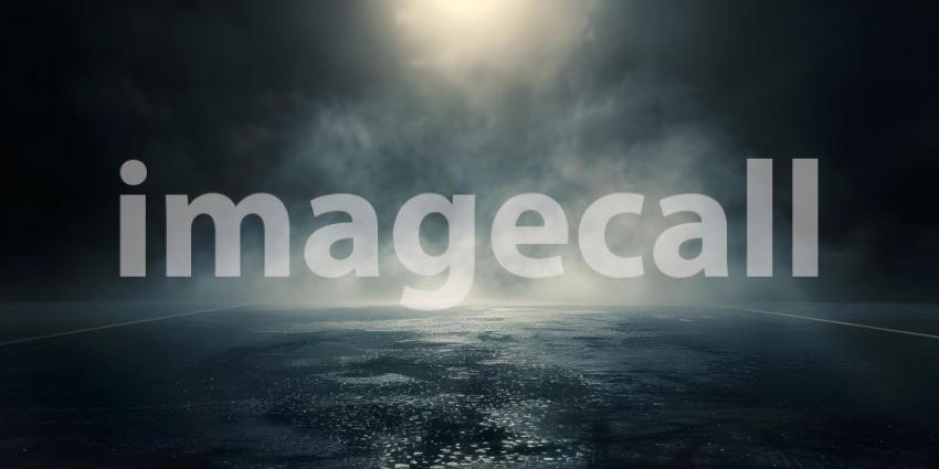 Dark street, wet asphalt, reflections of rays in the water. Abstract dark background, smoke, smog - Ai Generated