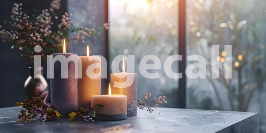 Burning candles on wooden table in room, closeup, Space for text - Ai Generated