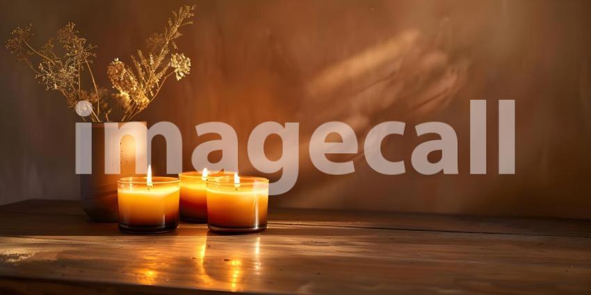 Burning candles on wooden table in room, closeup, Space for text - Ai Generated