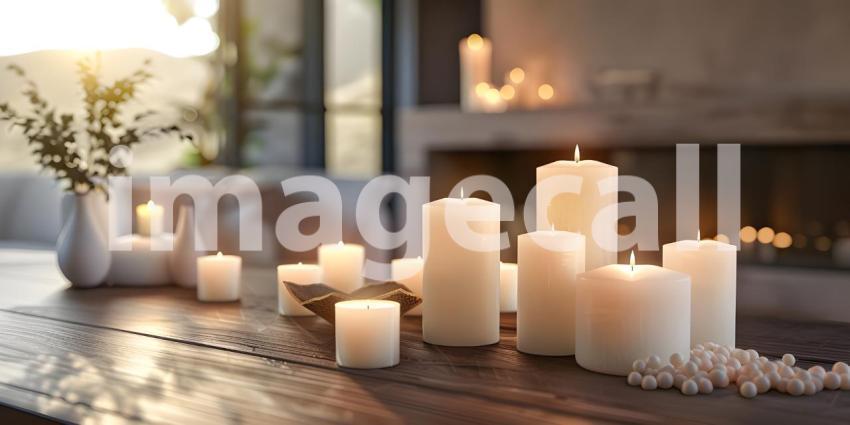 Burning candles on wooden table in room, closeup, Space for text - Ai Generated