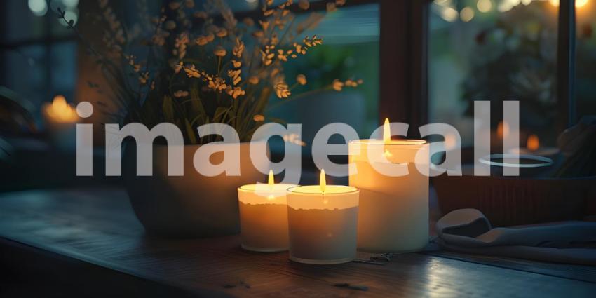 Burning candles on wooden table in room, closeup, Space for text - Ai Generated