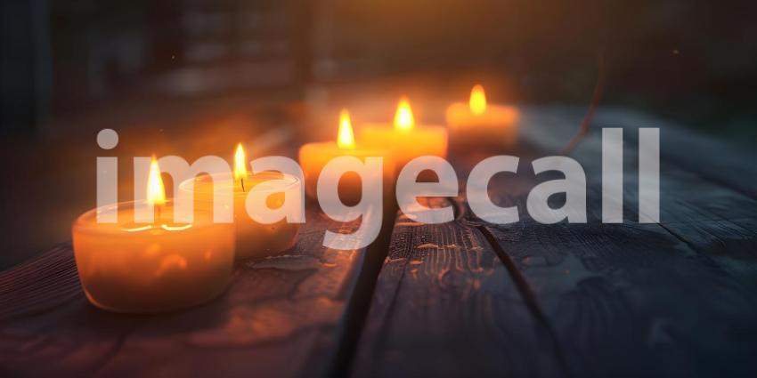 Burning candles on wooden table in room, closeup, Space for text - Ai Generated