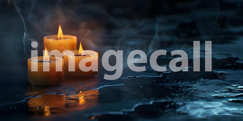 Burning candles on wooden table in room, closeup, Space for text - Ai Generated