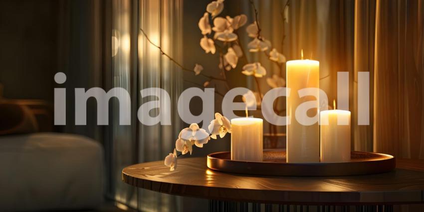 Burning candles on wooden table in room, closeup, Space for text - Ai Generated