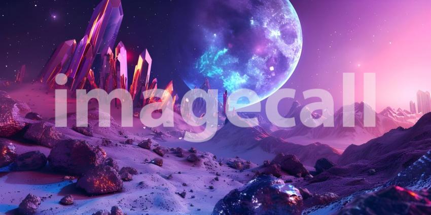 Fantasy alien planet, Mountain and nebula, Gemstone Background - Ai Generated