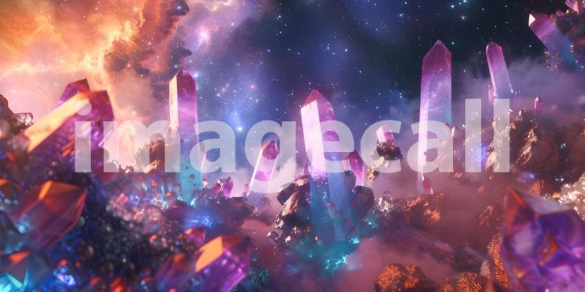 Fantasy alien planet, Mountain and nebula, Gemstone Background - Ai Generated