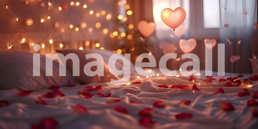 Romantic Valentine's Day background with hearts and candles on the bed - Ai Generated