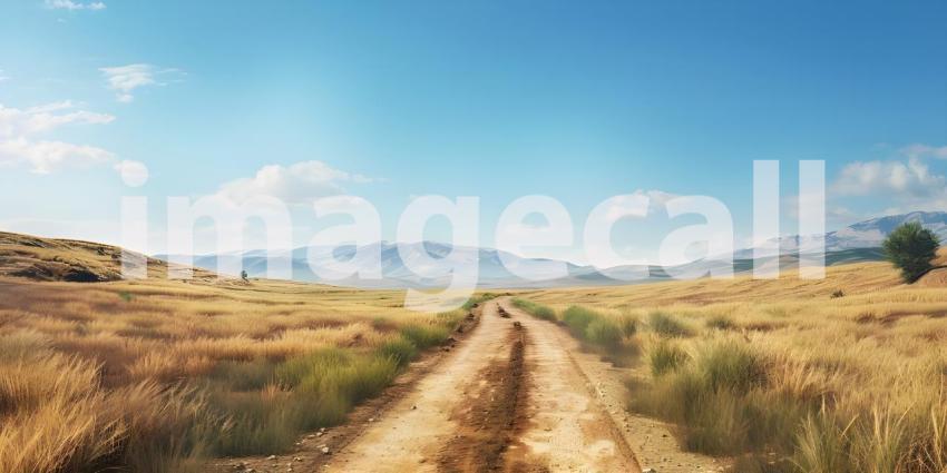 Panoramic view of a dirt road through a field in summer - Ai Generated