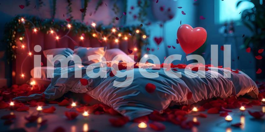 Romantic Valentine's Day background with hearts and candles on the bed - Ai Generated