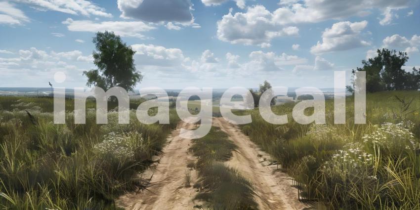 Panoramic view of a dirt road through a field in summer - Ai Generated