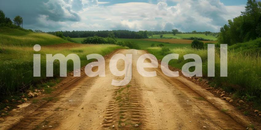 Panoramic view of a dirt road through a field in summer - Ai Generated
