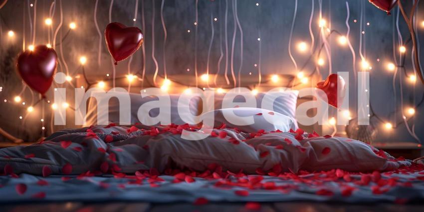 Romantic Valentine's Day background with hearts and candles on the bed - Ai Generated