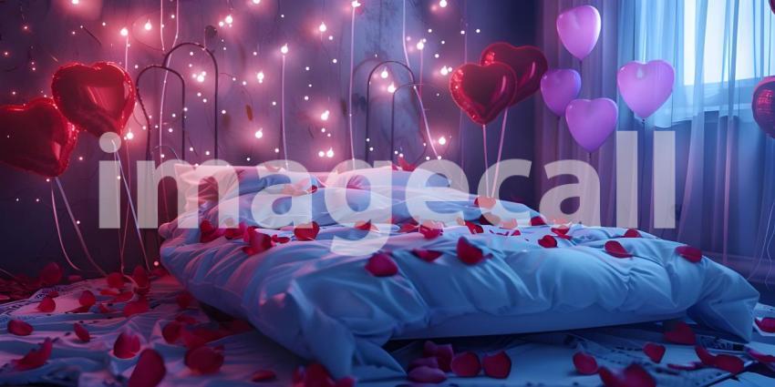 Romantic Valentine's Day background with hearts and candles on the bed - Ai Generated