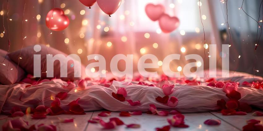 Romantic Valentine's Day background with hearts and candles on the bed - Ai Generated