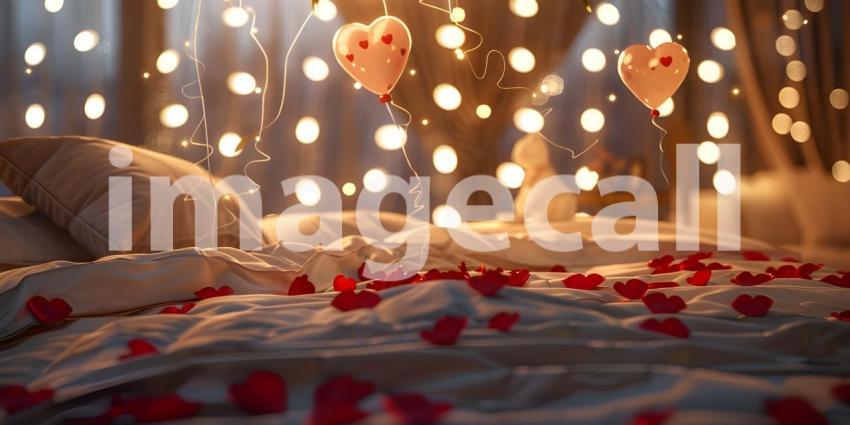 Romantic Valentine's Day background with hearts and candles on the bed - Ai Generated