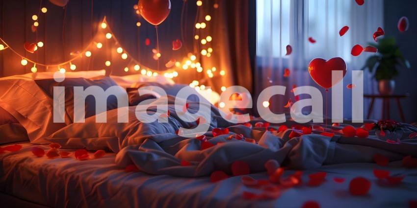 Romantic Valentine's Day background with hearts and candles on the bed - Ai Generated