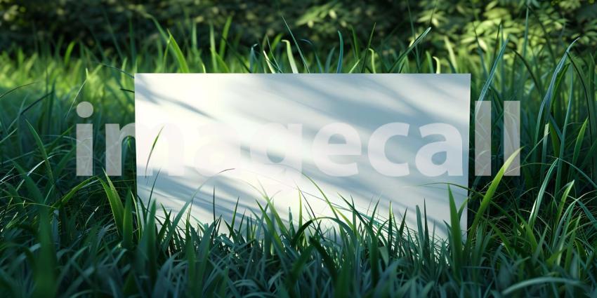 Blank white paper sheet in green grass background - Ai Generated
