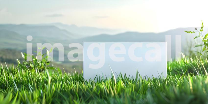 Blank white paper sheet in green grass background - Ai Generated