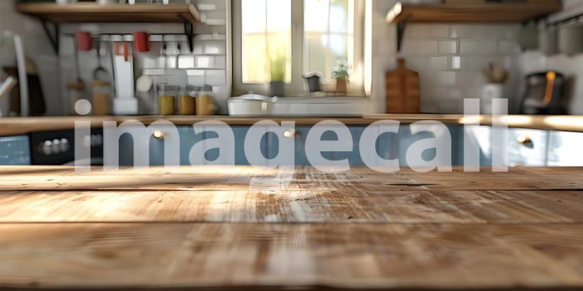Empty wooden table and blurred kitchen interior background, product display montage - Ai Generated