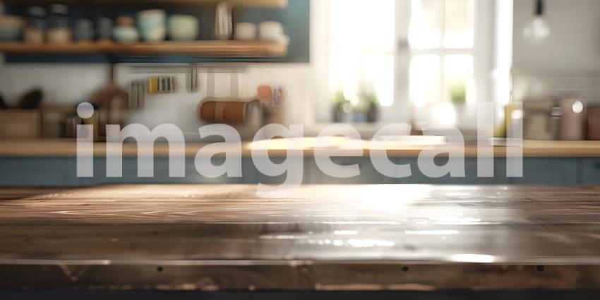 Empty wooden table and blurred kitchen interior background, product display montage - Ai Generated