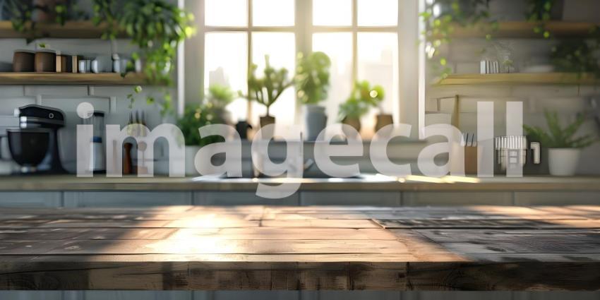 Empty wooden table and blurred kitchen interior background, product display montage - Ai Generated