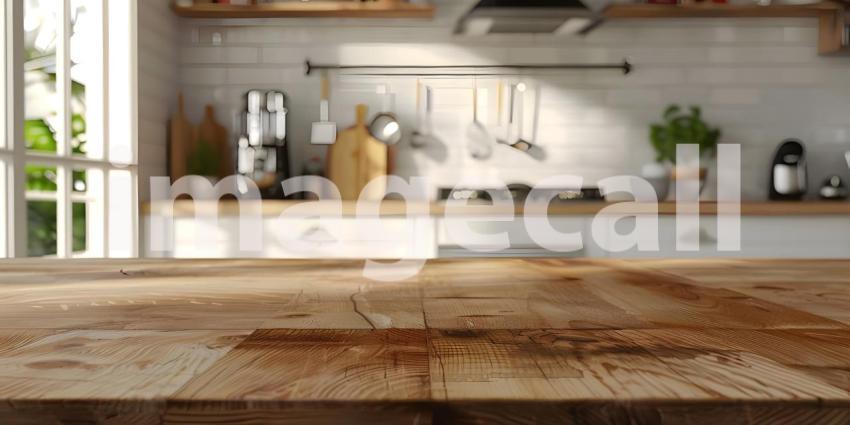 Empty wooden table and blurred kitchen interior background, product display montage - Ai Generated