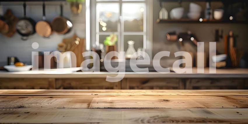 Empty wooden table and blurred kitchen interior background, product display montage - Ai Generated